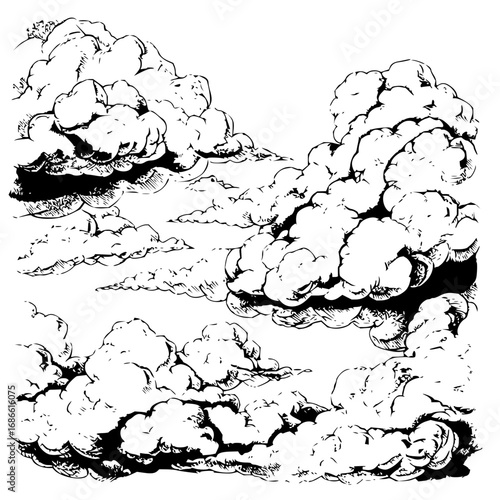 Dramatic, detailed ink drawing of voluminous, textured clouds against a bright sky, conveying a sense of depth and movement.