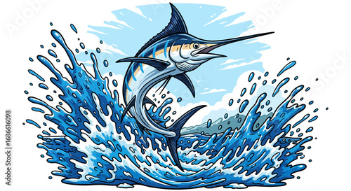 Vector Illustration of a Marlin Fish Jumping Out of Water in Modern Style with Blue and White Colors