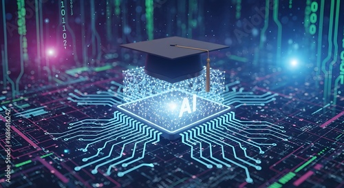 AI Artificial Intelligence Education with Graduation Cap on Digital Circuit Technology Showing AI Learning, AI Innovation and Future Computer Science Concept