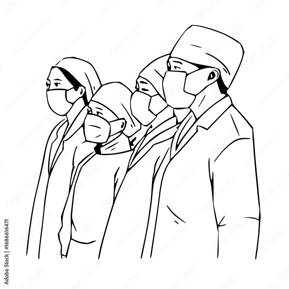 Fototapeta premium Dedicated medical team in masks united in purpose, serving with courage and professionalism.