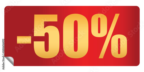 Red discount sticker 50 percent off price reduction isolated on white background. Design element, emblem, badge, sticker for promotion. Buy now