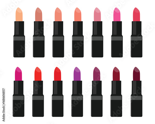 Collection of lipsticks in different colors isolated on white background. Pink, red, purple and coral lipstick