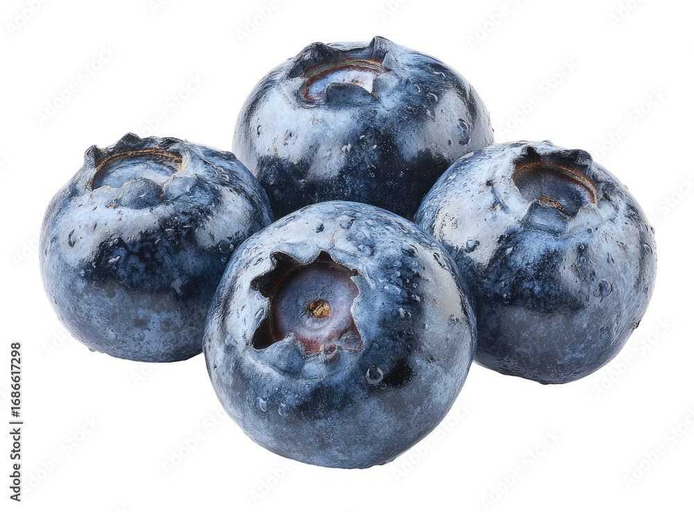Obraz premium Close-up of fresh blueberries, clustered together, glistening with water droplets. Dark, rich blue skin, showcasing subtle texture and a few visible seeds