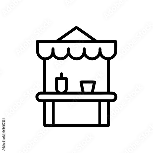 Minimalist black outline vector icon of a festival food stall, symbolizing street food, celebrations, and cultural events. Isolated on a transparent background