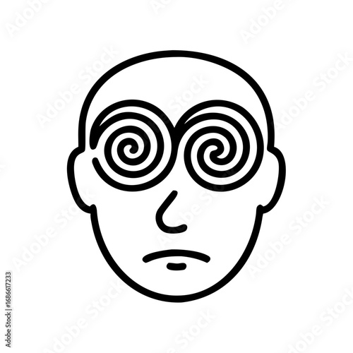 Minimalist black outline vector icon of a face with spiral eyes, symbolizing hypnosis, confusion, and dizziness. Isolated on a transparent background