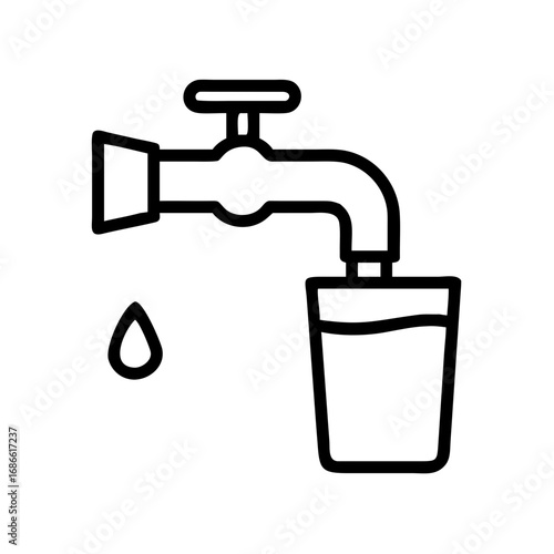 Minimalist black outline vector icon of a water tap pouring water into a glass, symbolizing clean filtered water, healthy drinking, and purification. Isolated on a transparent background