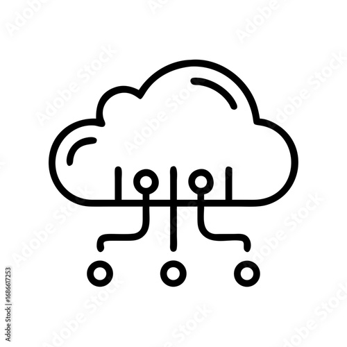 Minimalist black outline vector icon of a futuristic data cloud, symbolizing cloud computing, digital storage, and technology. Isolated on a transparent background