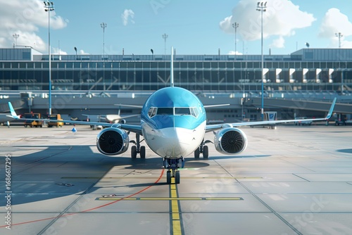 Detailed Picture of a Blue and White Airplane is Parked at an Airport