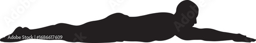 Silhouetted figure of a person lying down on their stomach relaxing, reaching out, and resting in a tranquil pose, Human Figure Outline Vector for Fitness, Sports, or Training