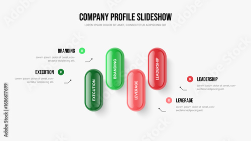 Corporate Innovation Four Element Infographic Slideshow Layout. Enterprise Showcase 4 Step Diagram Frame Design. Professional Growth Presentation Template Vector Illustration.