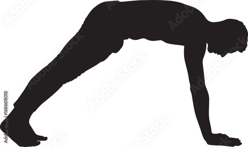 Black silhouette of a strong man doing a plank pose as a workout, showcasing his balance, fitness, and core strength in a dynamic illustration