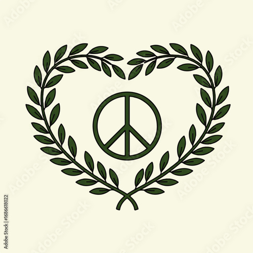 Heart Shaped Laurel Wreath with Peace Symbol.