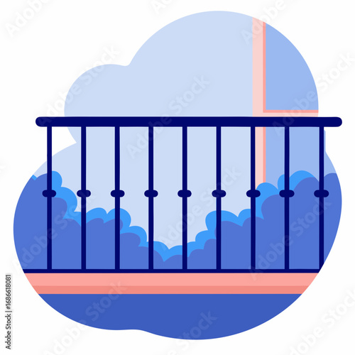 Modern balcony railing with blue clouds and window background  
