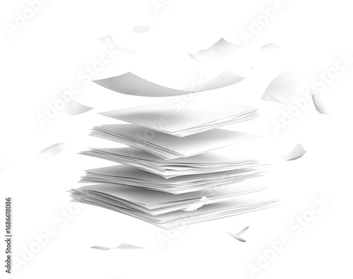 A stack of papers, seemingly levitating, with scattered fragments