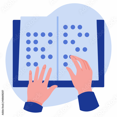 Hands reading braille book on blue background  