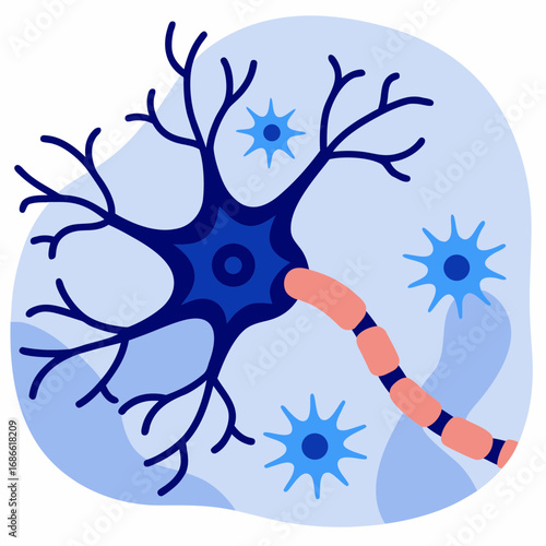 Neuron with axon and surrounding cells in blue abstract design  