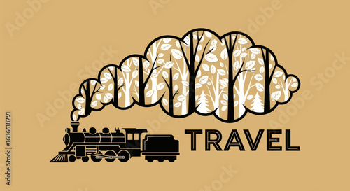 Vintage steam train with creative forest smoke cloud illustration.