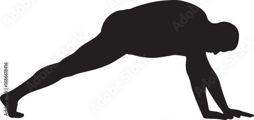 Silhouetted man in an athletic pose, performing a push-up with determination and strength as part of a workout or fitness training regimen