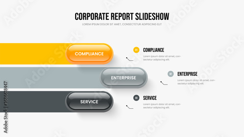 Market Forecast Three Element Diagram Slideshow Design. Enterprise Visualization 3 Step Infographic Slide Template. Investor Report Presentation Layout Vector Illustration.
