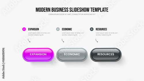 Sales Overview Slide Template Vector Illustration. Marketing Development Three Element Diagram Slideshow Layout. Financial Visualization 3 Step Infographic Presentation Design.