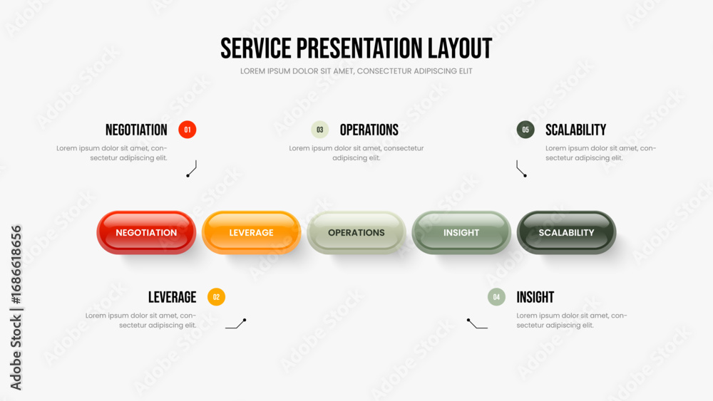 Fototapeta premium Business Solution Slideshow Design Vector Illustration. Market Analysis 5 Element Infographic Presentation Template. Project Growth Five Option Diagram Slide Layout.