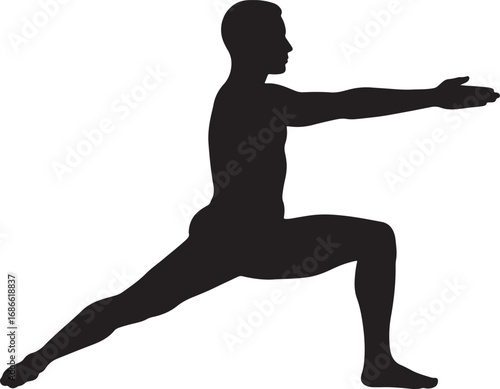 A male silhouette performs a warrior II yoga pose, illustrating strength, balance, and focus in a minimalistic and versatile black-and-white vector design