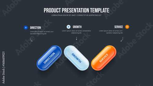 Business Visualization Three Element Infographic Slideshow Template. Market Profile Slide Layout Vector Illustration. Consulting Innovation 3 Step Diagram Frame Design.