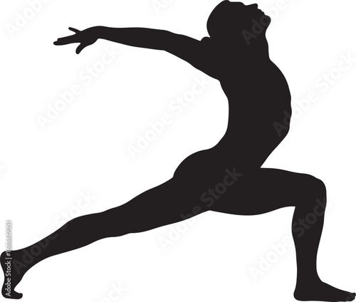 Warrior pose yoga man vector illustration, silhouette of person doing exercise for health, fitness and wellness