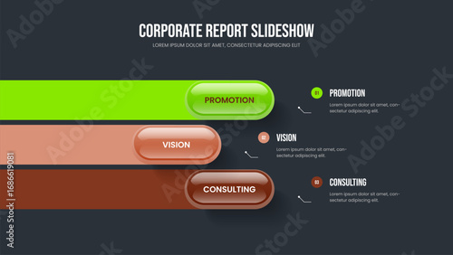 Professional Analysis 3 Step Diagram Slide Design. Investor Showcase Frame Template Vector Illustration. Advertising Forecast Three Option Infographic Presentation Layout.