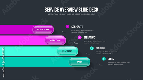 Financial Forecast Slide Template Vector Illustration. Market Performance 4 Step Infographic Frame Layout. Business Briefing Four Option Diagram Presentation Design.