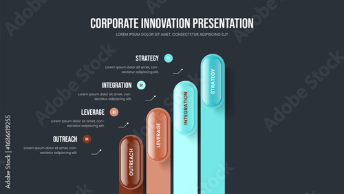 Market Strategy Four Element Diagram Presentation Layout. Digital Introduction 4 Option Infographic Slide Template. Project Showcase Slideshow Design Vector Illustration.