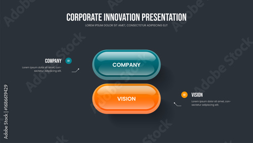 Company Forecast Frame Layout Vector Illustration. Enterprise Analysis Two Option Infographic Slide Template. Professional Proposal 2 Element Diagram Slideshow Design.