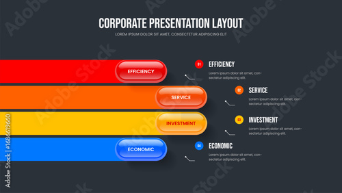 Financial Review Four Element Infographic Slideshow Design. Marketing Growth 4 Step Diagram Presentation Template. Product Insight Frame Layout Vector Illustration.