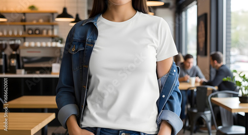 Stylish woman in a blank white tee shirt mockup inside a modern coffee shop setting is perfect