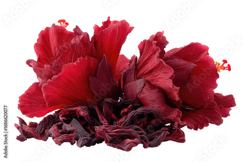 Close-up of vibrant crimson hibiscus flowers and dried petals