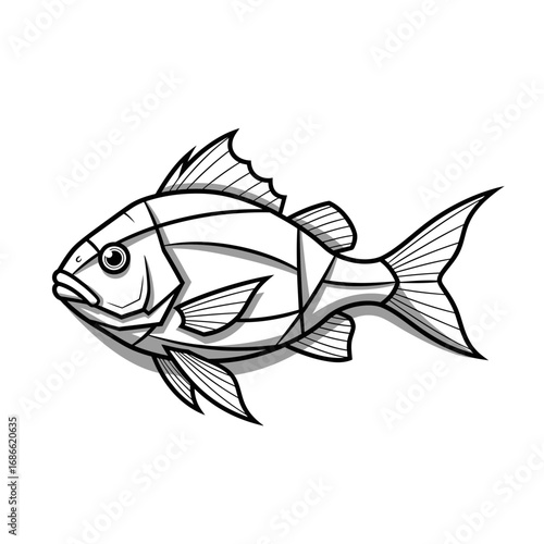 Stylized cubist fish tattoo with angular planes and dynamic forms.