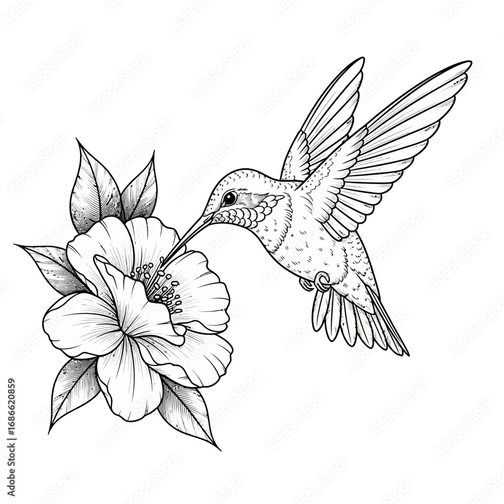 Obraz premium Hummingbird tattoo feeding from a floral bloom for joy and resilience.