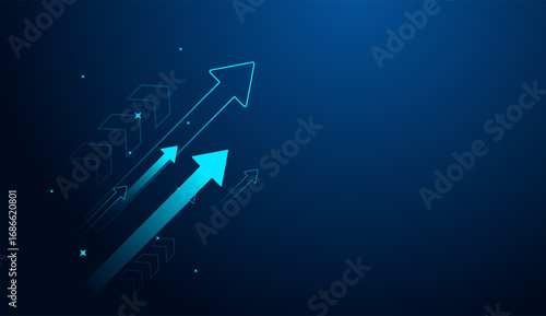 the Strength arrows upward for stock market graph improvement increasing. and Growth arrows up to success technology on dark blue background. vector