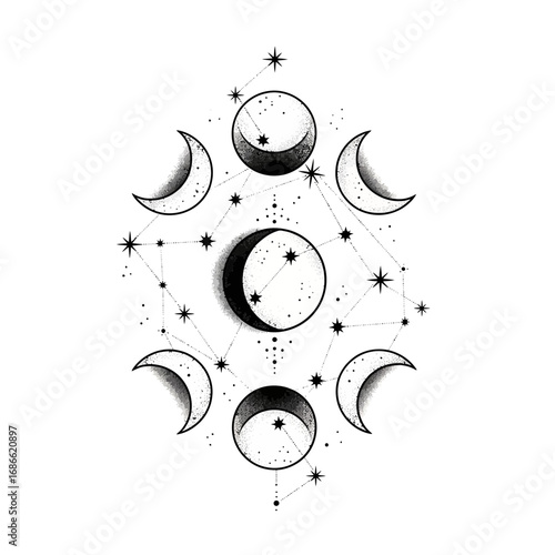 Fine line astronomical tattoo of intertwined moon phases and constellations.