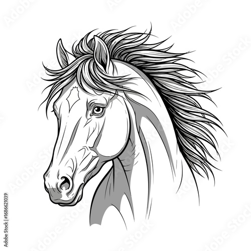 Calligraphic horse head tattoo with dynamic brushstrokes.