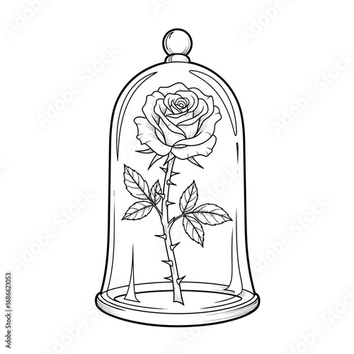 Black and white line art tattoo of a thorny rose under a bell jar.