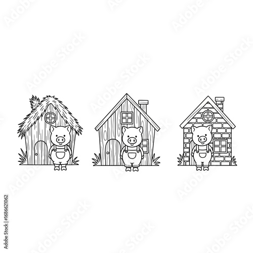 Black and white line art tattoo of the Three Little Pigs.