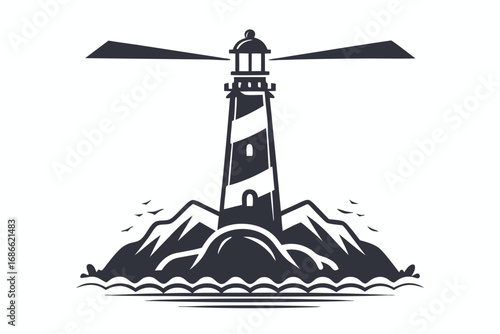Lighthouse on Island Silhouette, Vintage Nautical Beacon Vector, White Background