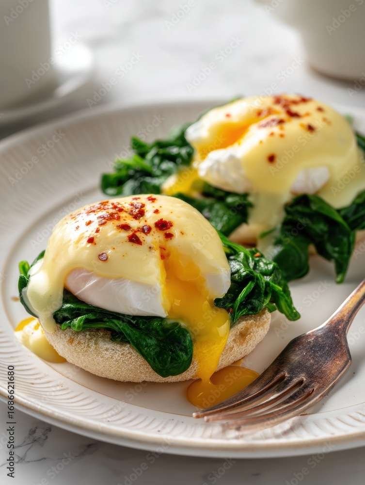Classic Eggs Benedict with poached eggs and hollandaise sauce on muffin, fine-dining breakfast concept for menu, magazine, Pinterest
Classic Eggs Benedict with poached eggs and hollandaise sauce on muffin, fine-dining breakfast concept for menu, magazine, Pinterest