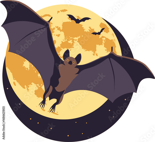 Flying bat silhouette under moonlight in Halloween vector illustration
