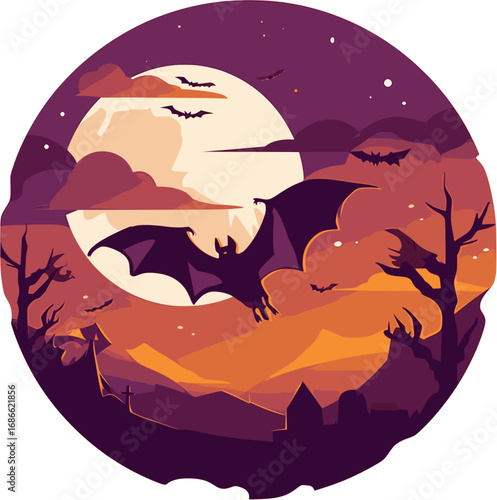 Flying bat silhouette under moonlight in Halloween vector illustration