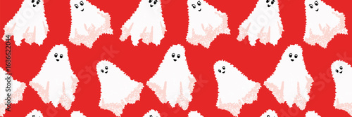 Seamless Halloween vector pattern with fluffy white sketchy ghosts on a bright red background. Cute and spooky design for party decor, textiles, wrapping, and festive prints