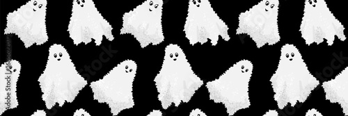 Seamless Halloween vector pattern with fluffy white sketchy ghosts on a black background. Playful and spooky design for holiday decor, textiles, party prints, and wrapping