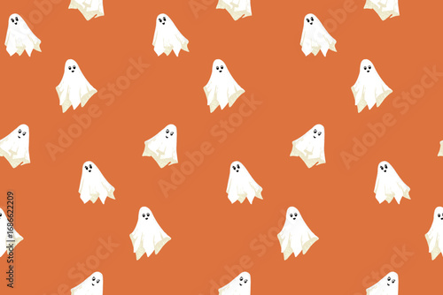 Seamless minimalist Halloween vector pattern with cute white ghosts on warm orange background. Template for seasonal wrapping paper, party decor, kids’ prints and autumn designs