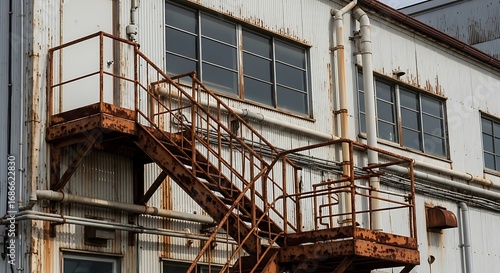 Exterior metal staircase showing signs of rust and weathering on an industrial building